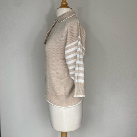 Vintage FIA Italia Handloom Women's Tan White Stripe Knit Sweater Size Medium - Picture 3 of 12
